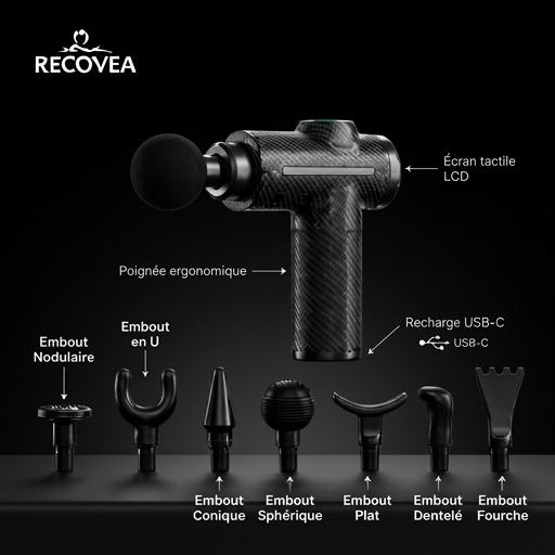 Poignée ergonomique antidérapante du pistolet de massage Recovea Pro avec anneau doré