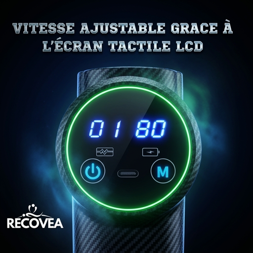 Gros plan sur l'écran LCD tactile du pistolet de massage Recovea Pro affichant le niveau d'intensité