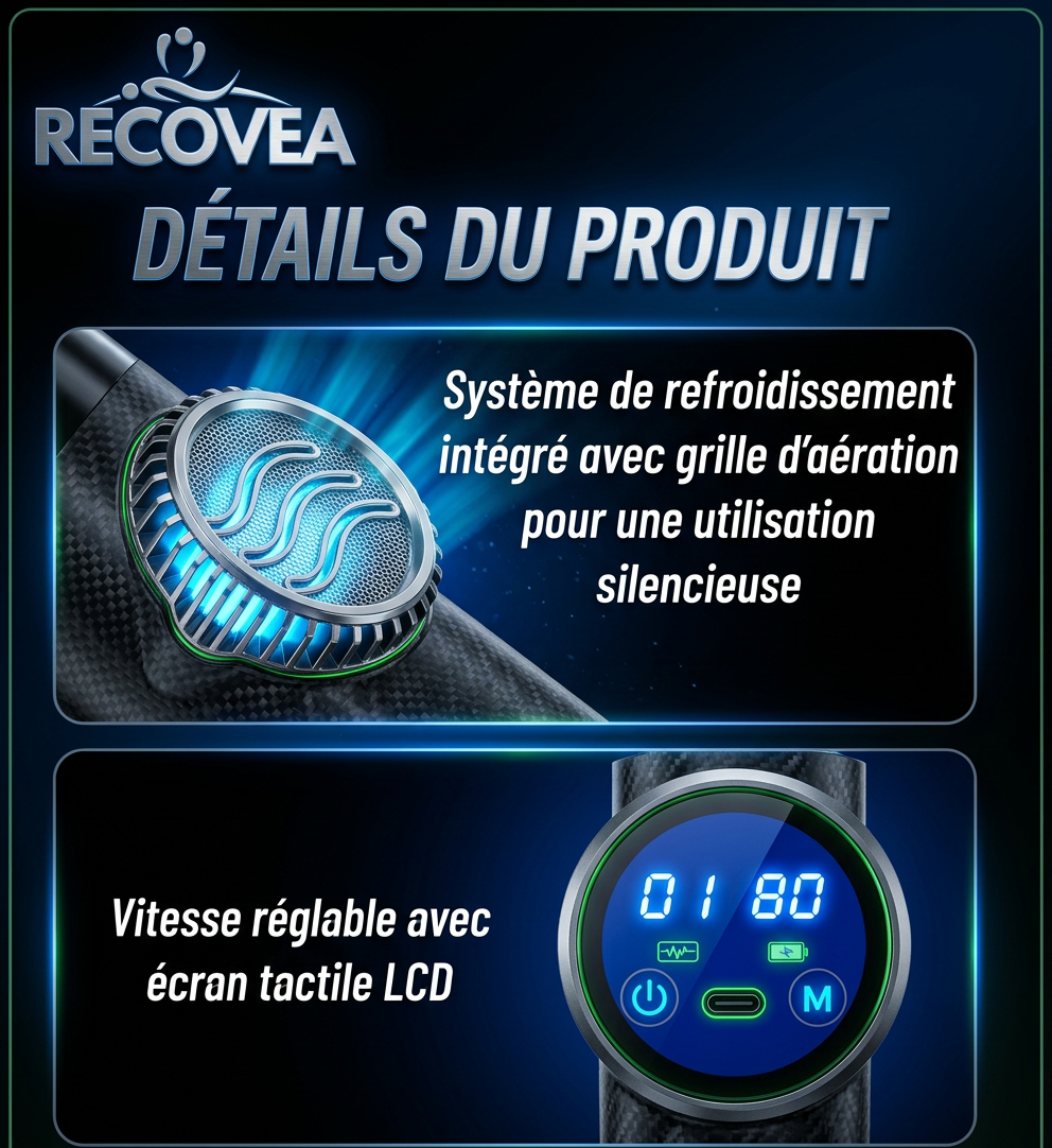 Détails du pistolet de massage Recovea Pro — système de refroidissement et écran LCD tactile